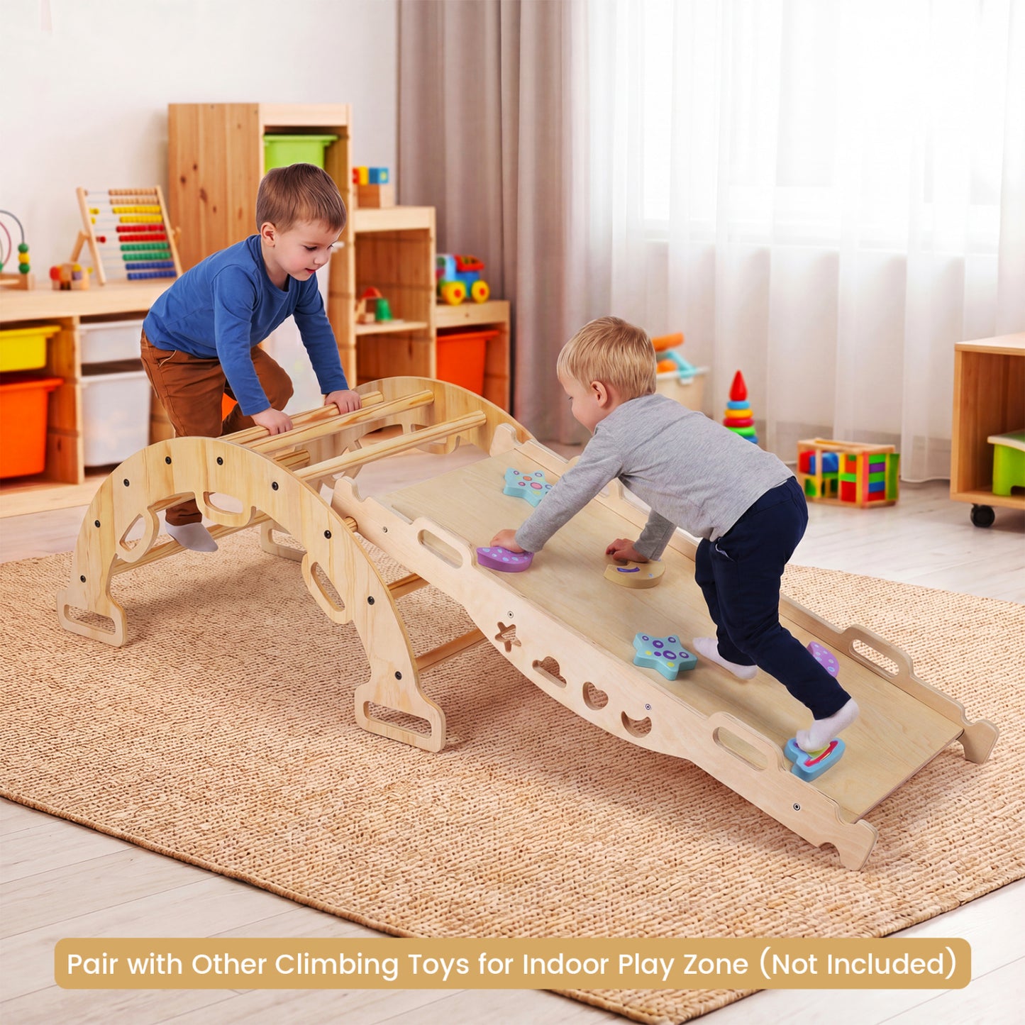 Wooden Montessori climbing arch with cushion, 3-in-1 kids' rocker and climber toy, natural wood finish for indoor play.