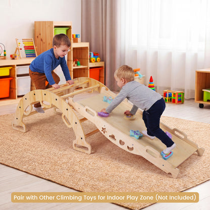 Wooden Montessori climbing arch with cushion, 3-in-1 kids' rocker and climber toy, natural wood finish for indoor play.