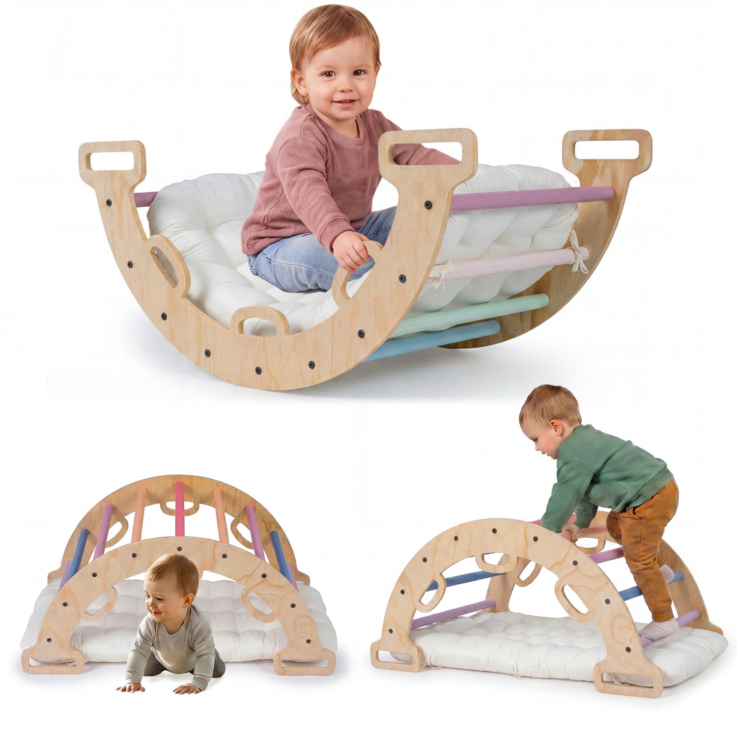 Wooden climbing and rocking arch with cushion for kids, 3-in-1 Montessori climber and rocker, toddler indoor play toy.