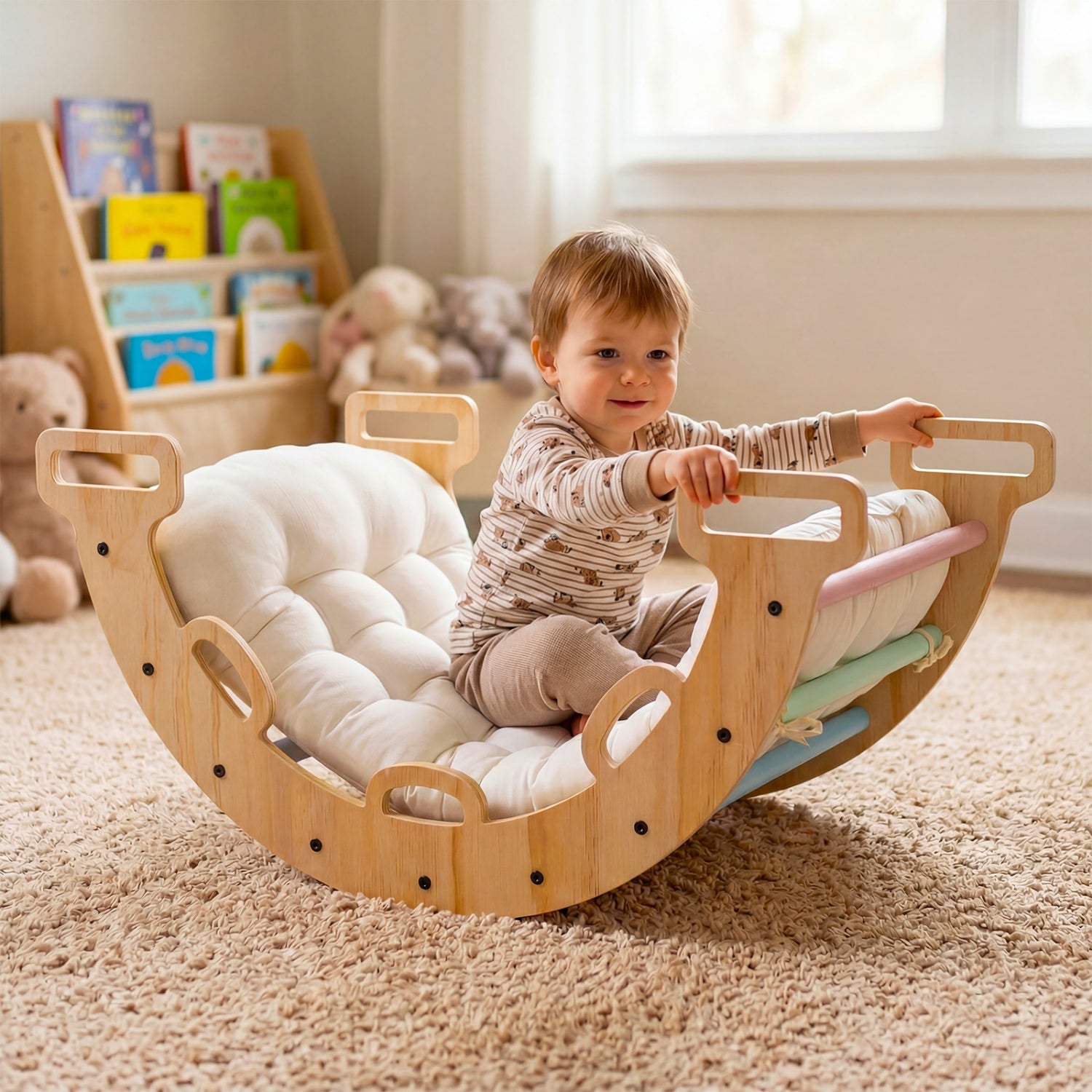 Wooden Montessori climbing arch with cushion, 3-in-1 kids rocker and climber, sturdy wooden toy for indoor play.