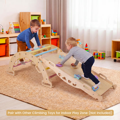 Wooden rocking climbing arch with cushion for kids, 3-in-1 Montessori climber and rocker, natural wood finish, ideal for indoor play.