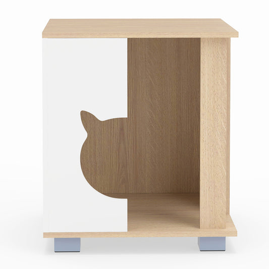 Wooden semi-enclosed cat condo with kitty head-shaped entry, metal legs, natural finish, ideal for cats and pet lounging.