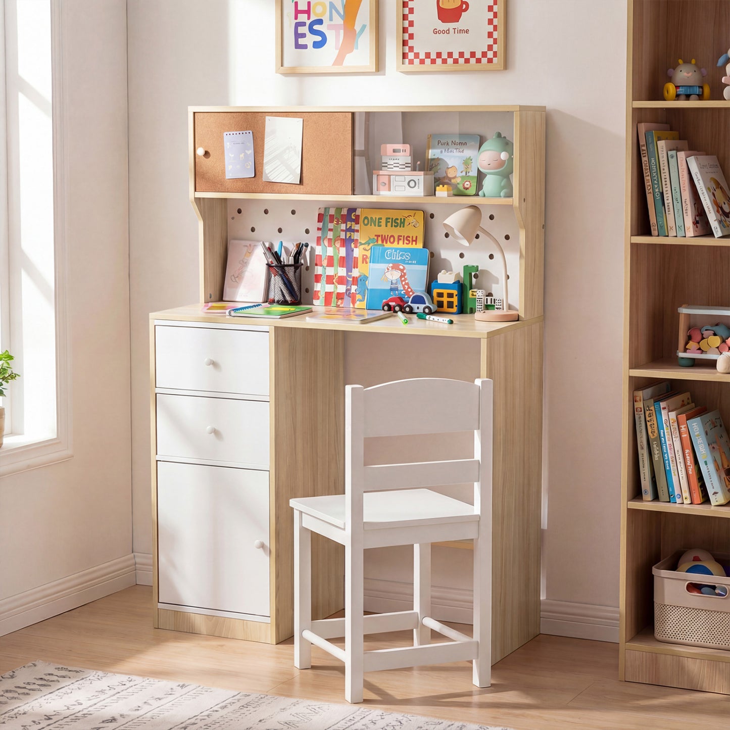 Wooden Study Desk and Chair Set with 2 Cabinets and 2 Drawers for 4-7 Years Old Children-Natural