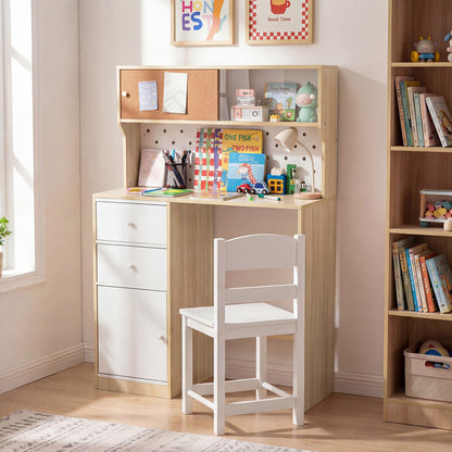 Wooden Study Desk and Chair Set with 2 Cabinets and 2 Drawers for 4-7 Years Old Children-Natural