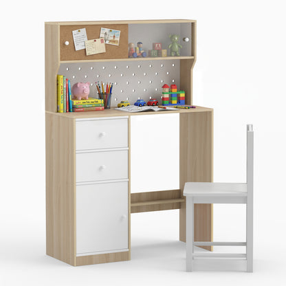 Wooden Study Desk and Chair Set with 2 Cabinets and 2 Drawers for 4-7 Years Old Children-Natural