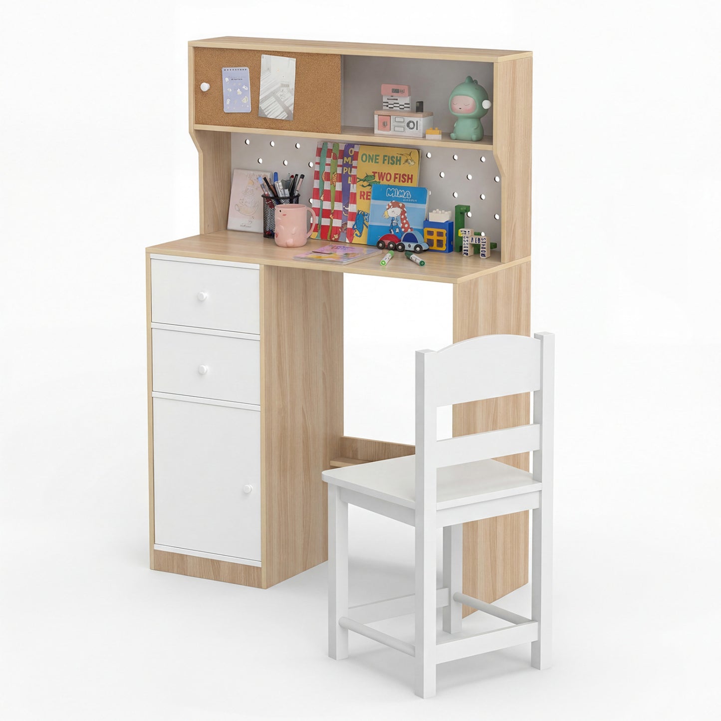 Wooden Study Desk and Chair Set with 2 Cabinets and 2 Drawers for 4-7 Years Old Children-Natural