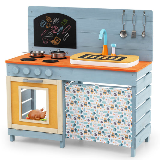 Wooden Toy Kitchen Playset with Removable Circulation Faucet and Cooking Accessories-Blue