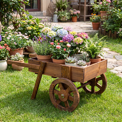 Wooden Wagon Planter with Wheels for Indoor and Outdoor Use-Brown