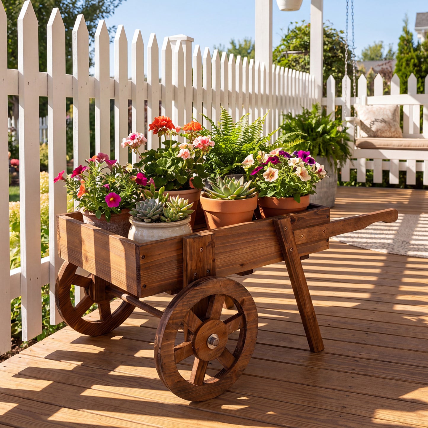Wooden Wagon Planter with Wheels for Indoor and Outdoor Use-Brown