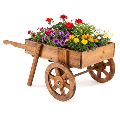 Wooden Wagon Planter with Wheels for Indoor and Outdoor Use-Brown