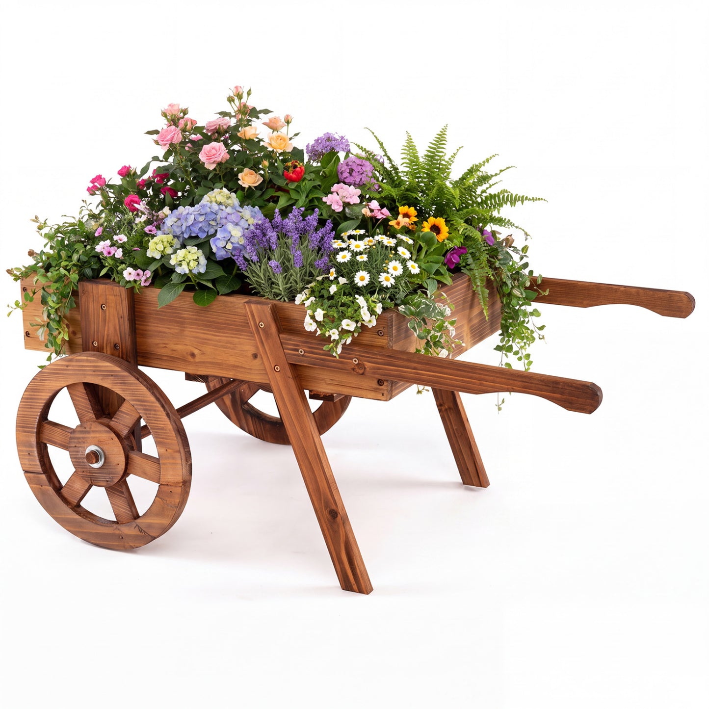 Wooden Wagon Planter with Wheels for Indoor and Outdoor Use-Brown