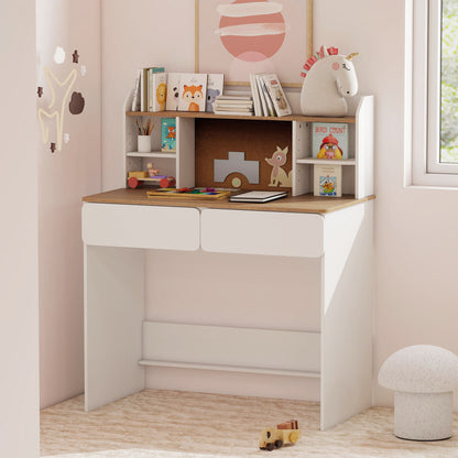 Writing Table with Cork Bulletin Board and Charging Station 5-Level Adjustable Shelves-White