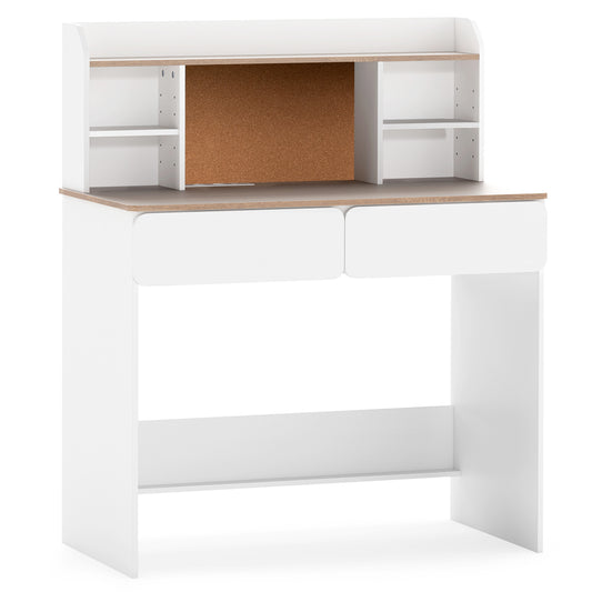 Writing Table with Cork Bulletin Board and Charging Station 5-Level Adjustable Shelves-White