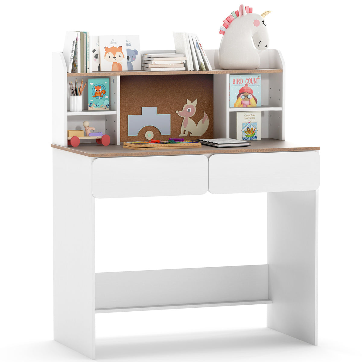 Writing Table with Cork Bulletin Board and Charging Station 5-Level Adjustable Shelves-White