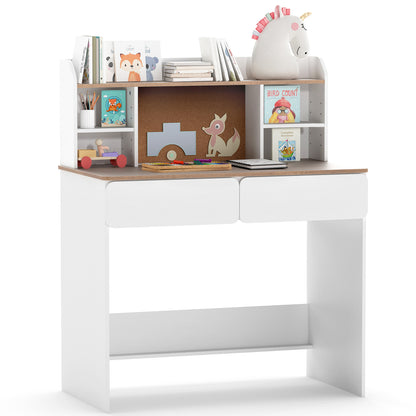 Writing Table with Cork Bulletin Board and Charging Station 5-Level Adjustable Shelves-White