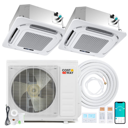 X-Pro 18000 BTU 2-zone ceiling cassette mini split AC from Wilsons Home Store, with dual indoor units and sleek design.