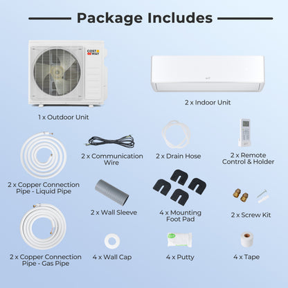 X-Pro 27000 BTU 2 Zone 24 SEER2 Mini Split AC with Heat Pump-9K + 9K