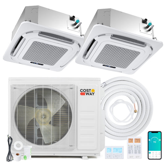 X-Pro 27000 BTU 2-zone ceiling cassette mini split AC unit with 24 SEER2 energy efficiency, installed in ceiling space.