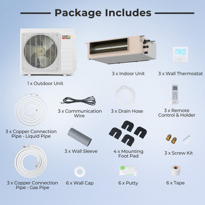 X-Pro 27000 BTU 3 Zone 24 SEER2 Concealed Ducted Mini Split AC-9K + 9K + 12K