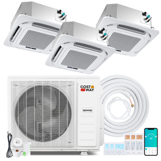X-Pro 35000 BTU 3-zone ceiling cassette mini split AC with 22.5 SEER2 efficiency, 12K and 18K indoor units, climate control appliance