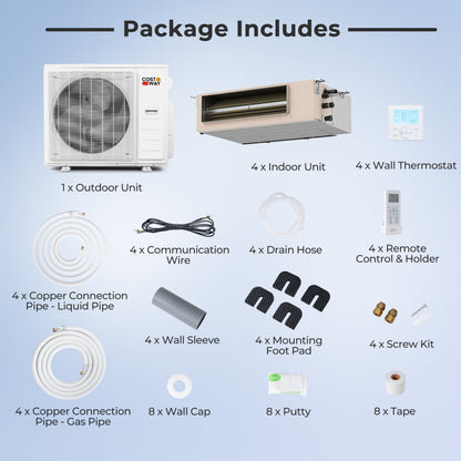 X-Pro 35000 BTU 4 Zone 22.5 SEER2 Concealed Ducted Mini Split AC-9K + 9K + 12K + 18K