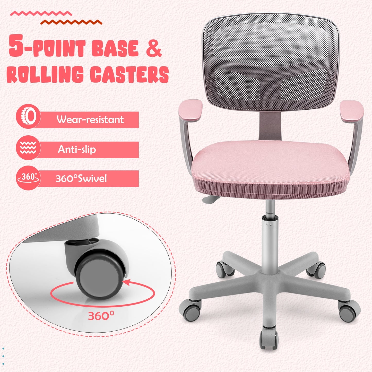 Adjustable Desk Chair with Auto Brake Casters for Kids-Pink