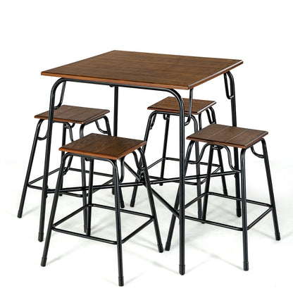 5 Pieces Bar Table Set with 4 Counter Height Backless Stools-Rustic Brown