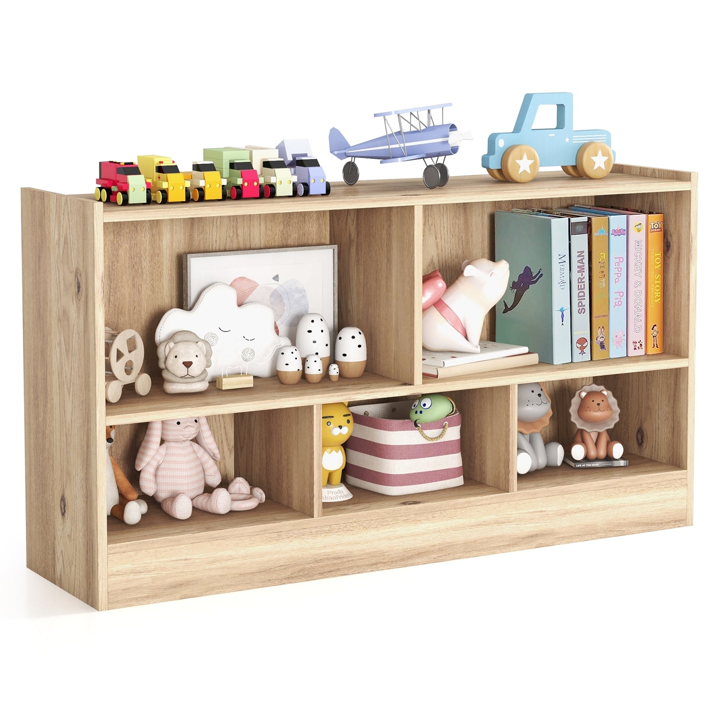 Kids 2-Shelf Bookcase 5-Cube Wood Toy Storage Cabinet Organizer-Natural