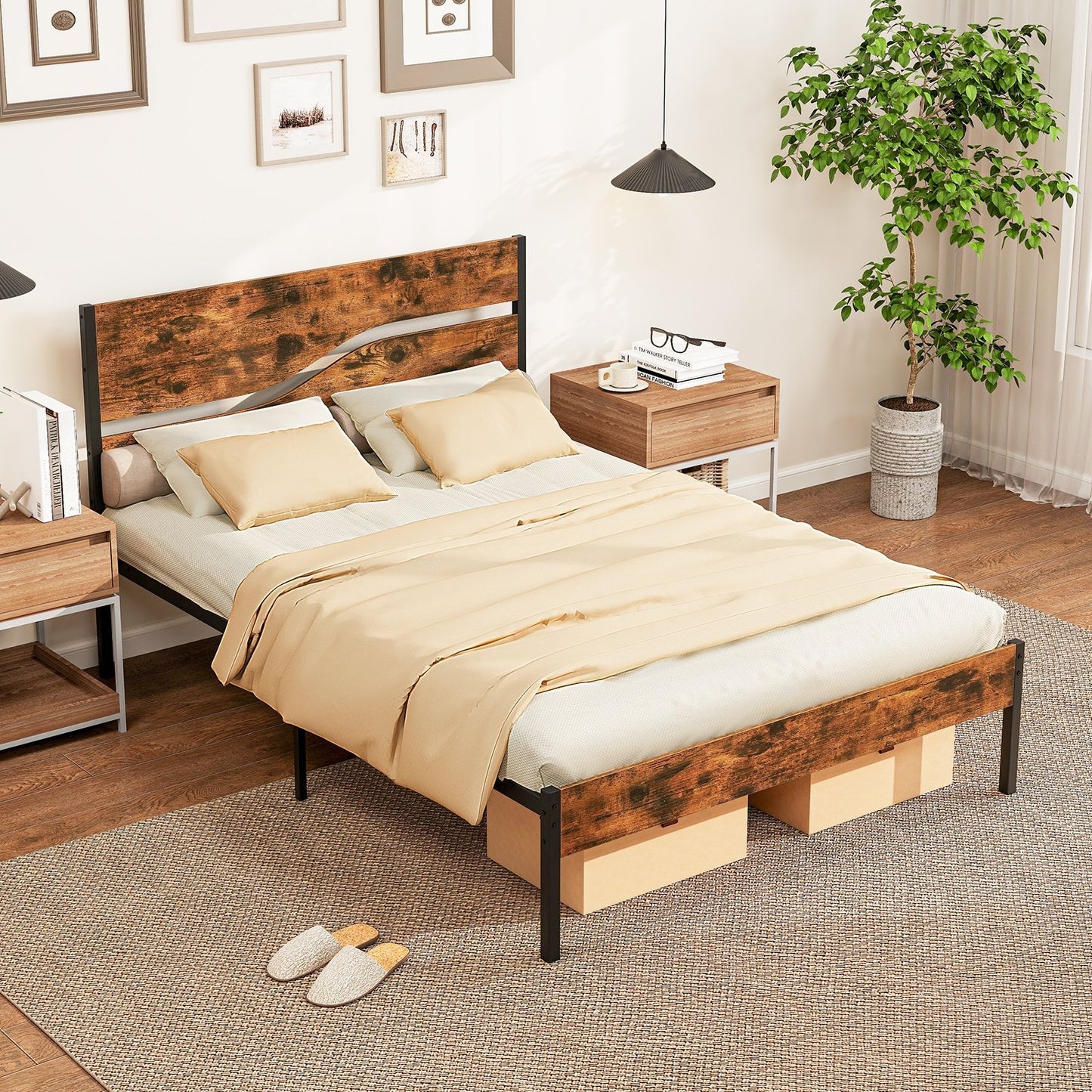 Twin/Full/Queen/King Metal Bed Frame with Wooden Headboard and Footboard-King Size