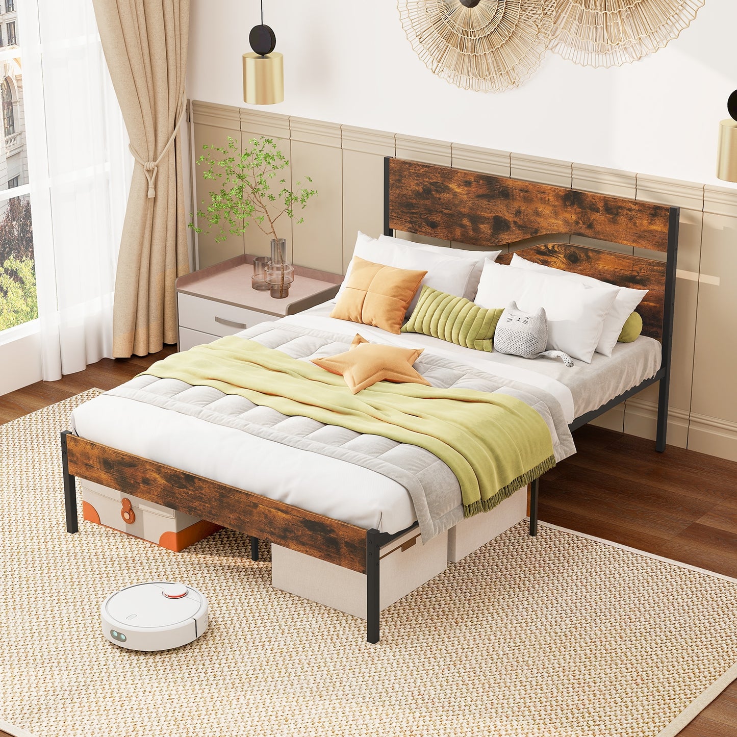 Twin/Full/Queen/King Metal Bed Frame with Wooden Headboard and Footboard-Full Size