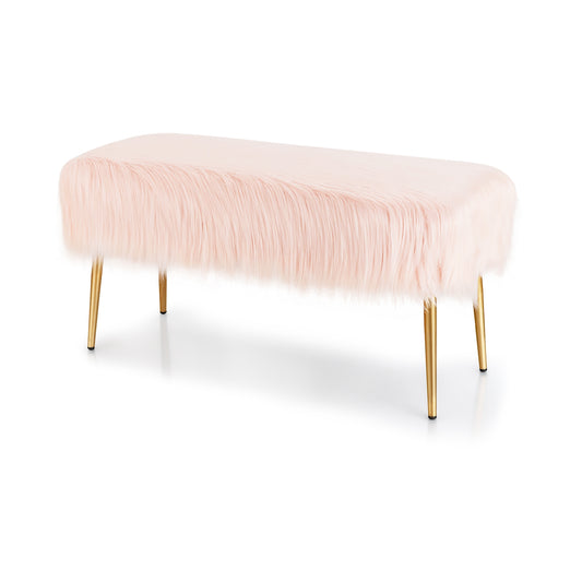 Upholstered Faux Fur Vanity Stool with Golden Legs for Makeup Room-Pink