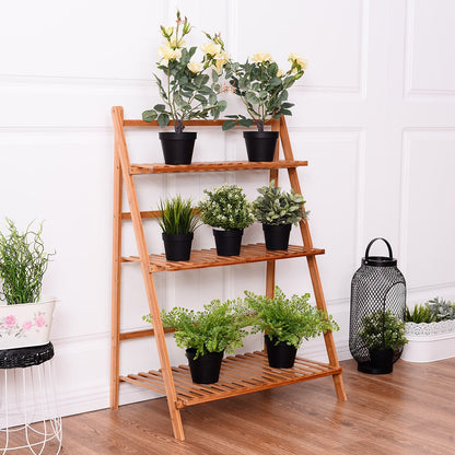 3-Tier Bamboo Ladder Shelf Foldable Plant Flower Bookshelf-Brown