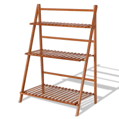 3-Tier Bamboo Ladder Shelf Foldable Plant Flower Bookshelf-Brown