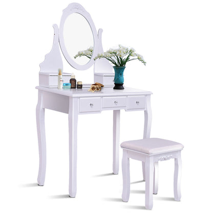 Wooden Vanity Set with 360° Rotating Oval Mirror and Cushioned Stool-Black