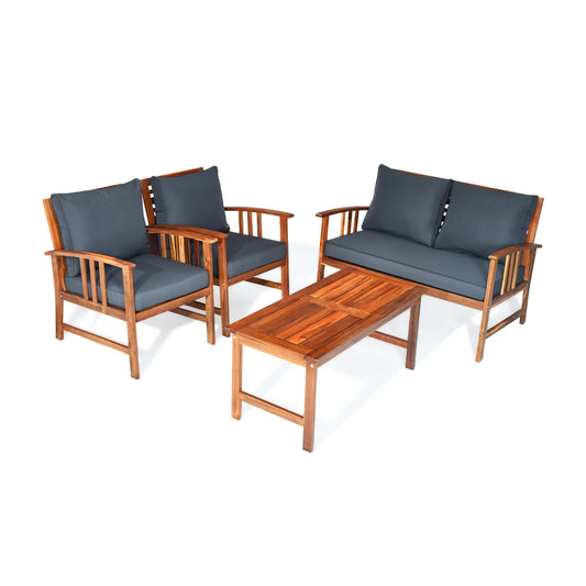 4 Pieces Wooden Patio Furniture Set with Table and Sofa Chair