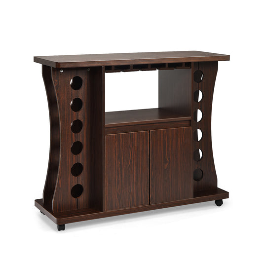 Rolling Buffet Sideboard Wooden Bar Storage Cabinet-Walnut