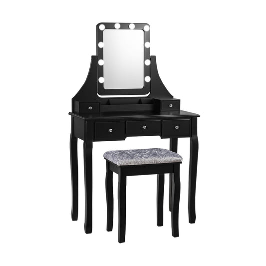 Vanity Dressing Table Set with 10 Dimmable Bulbs and Cushioned Stool-Black