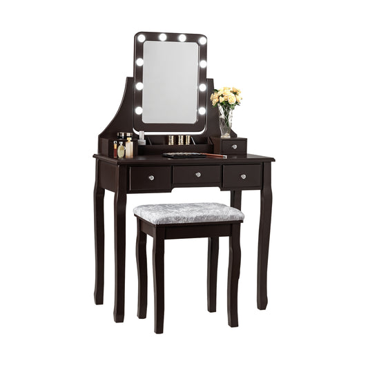 Vanity Dressing Table Set with 10 Dimmable Bulbs and Cushioned Stool-Brown