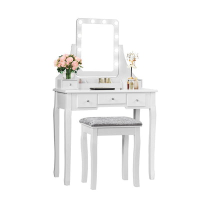 Vanity Dressing Table Set with 10 Dimmable Bulbs and Cushioned Stool-Black