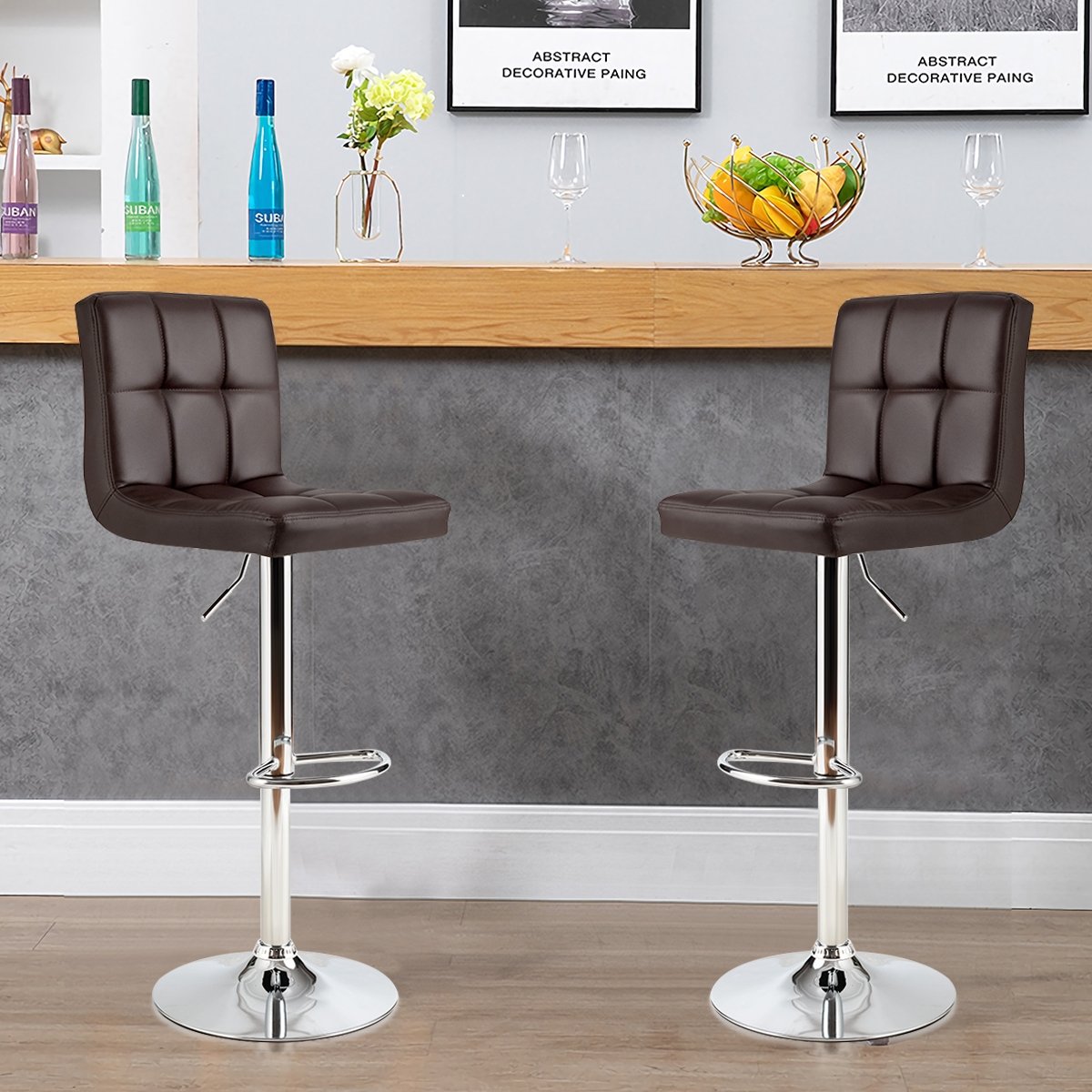 Set of 2 Square Swivel Adjustable PU Leather Bar Stools with Back and Footrest-Black