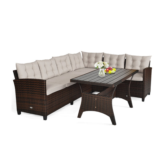 3 Pieces Hand-Woven Rattan Outdoor Sofa Set with Dining Table