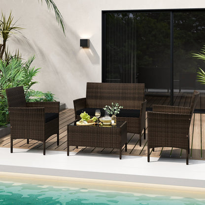 4 Piece Patio Rattan Conversation Set with Cozy Seat Cushions-Black