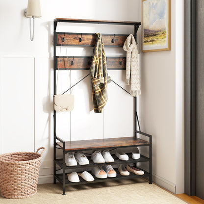Coat Rack 4-In-1 Hall Tree with 11 Hanging Hooks Shoe Bench-Gray