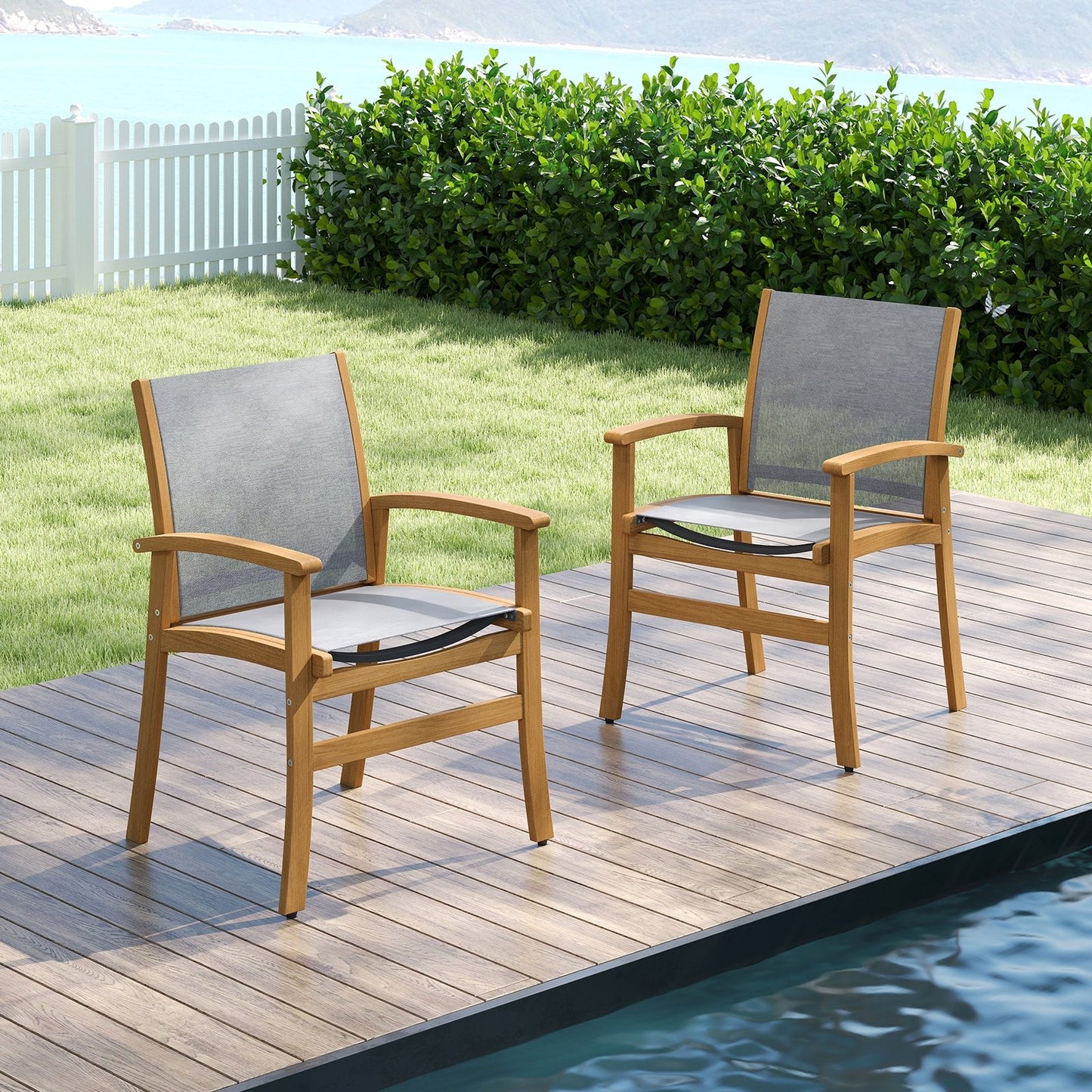 Set of 2 Patio Dining Chairs with Breathable Fabric and Acacia Wood Frame