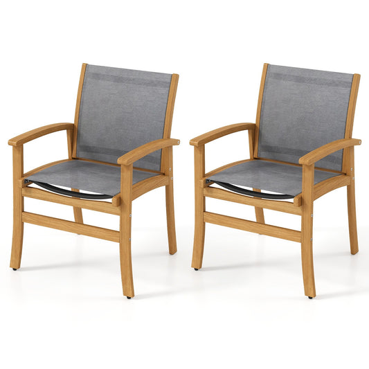 Set of 2 Patio Dining Chairs with Breathable Fabric and Acacia Wood Frame