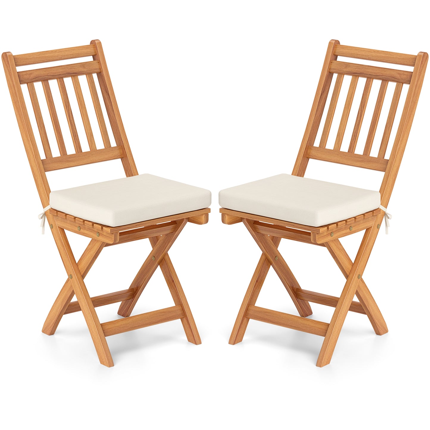 Set of two patio folding chairs with soft cushions, outdoor seating from Wilsons Home Store, ideal for patio dining and outdoor relaxation.