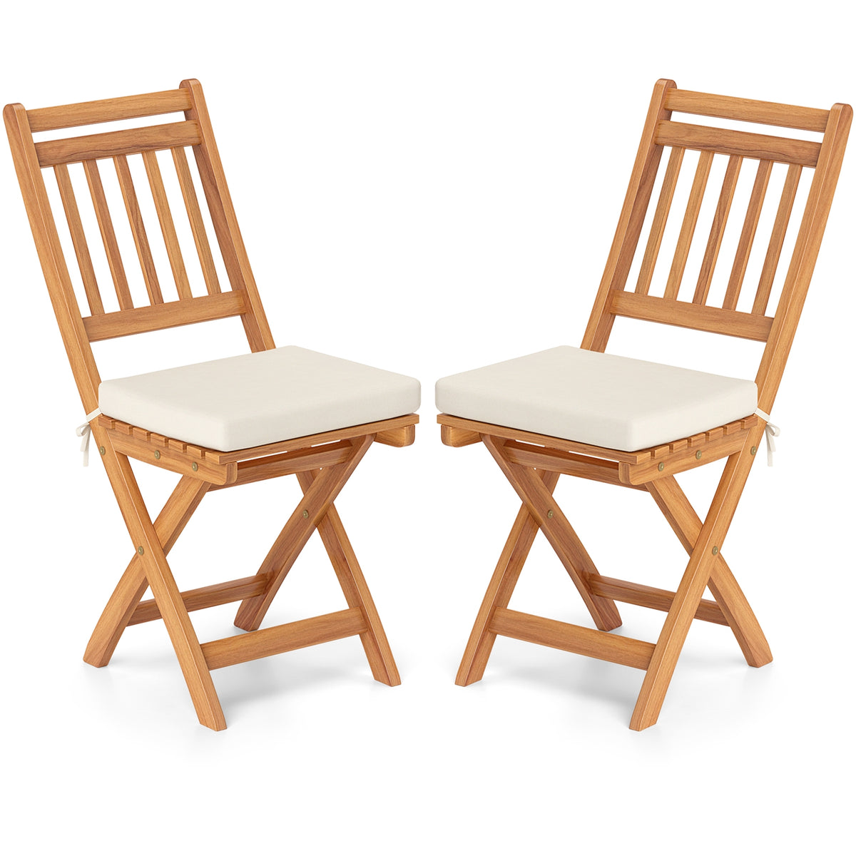 Set of two patio folding chairs with soft cushions, outdoor seating from Wilsons Home Store, ideal for patio dining and outdoor relaxation.