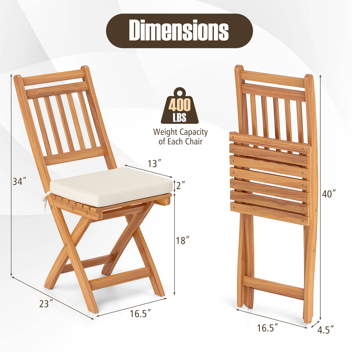 Set of 2 Wilsons Home Store outdoor patio folding chairs with soft seat cushions, perfect for outdoor dining and seating.