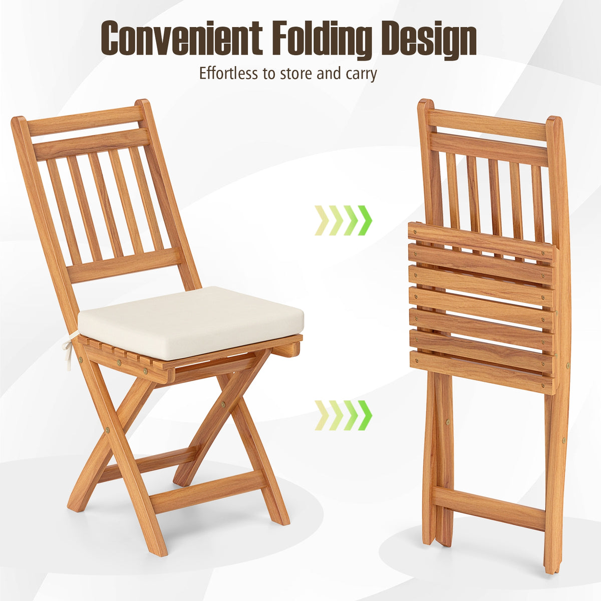 Pair of Wilsons Home Store outdoor patio folding chairs with soft seat cushions, ideal for outdoor dining and patio relaxation.