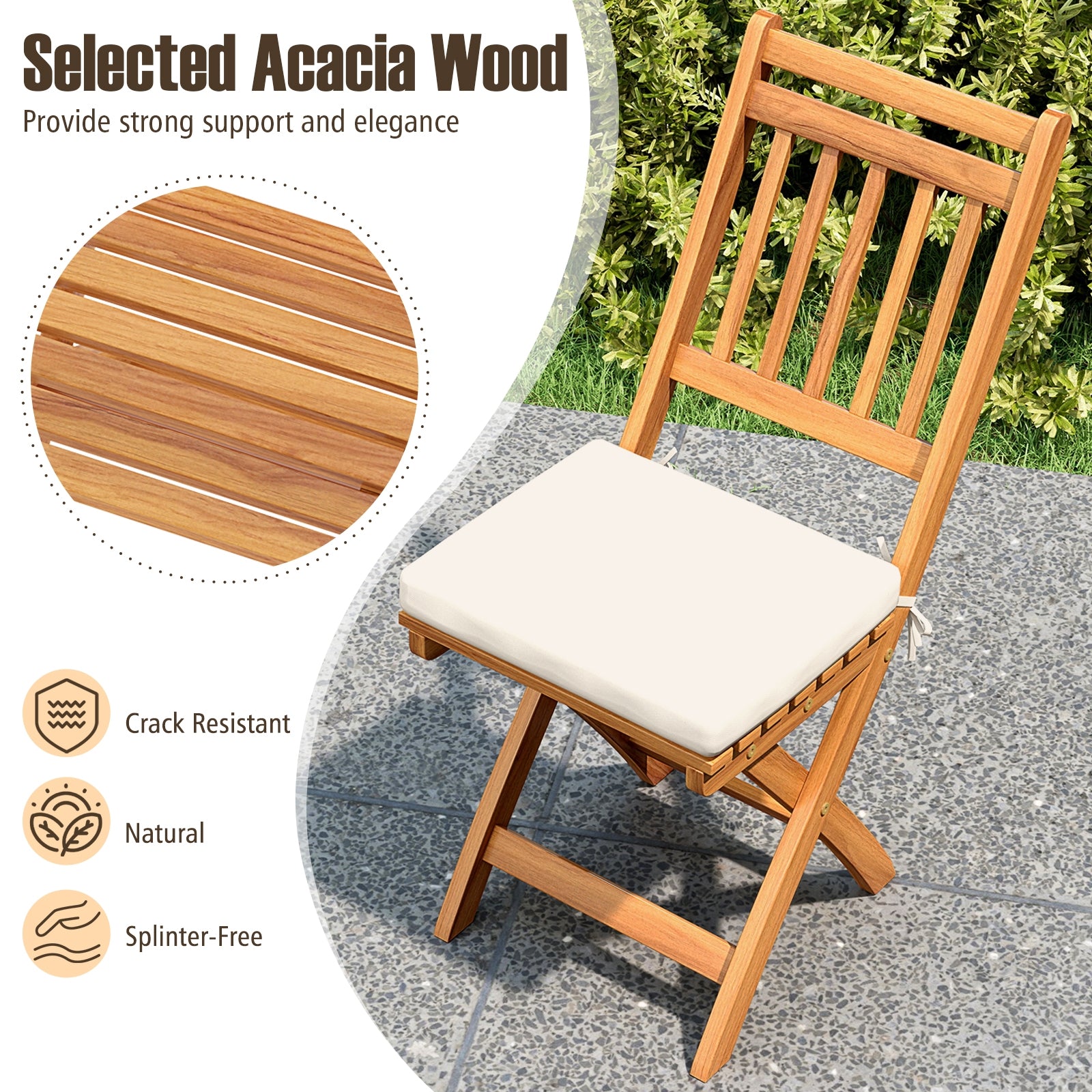 Set of 2 Wilsons Home Store patio folding chairs with soft seat cushions, perfect for outdoor dining and patio seating.